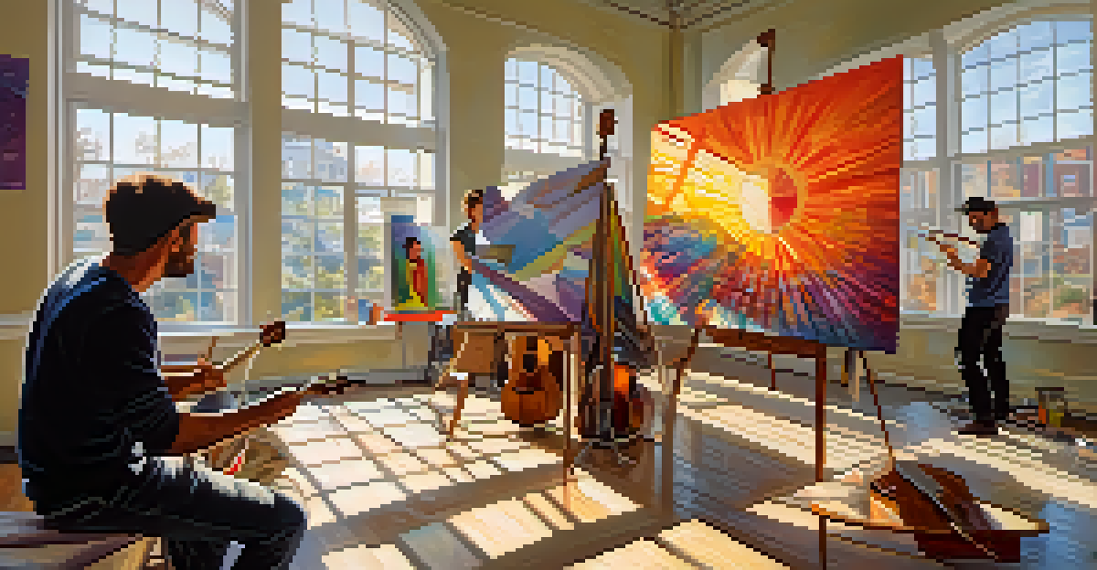 Artists collaborating in a studio, with painters on a canvas and a musician playing guitar, illuminated by sunlight.