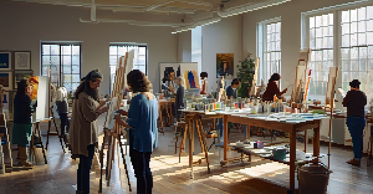 A warm and inviting art workshop in a studio, with a diverse group of people painting together, surrounded by art supplies and natural light.