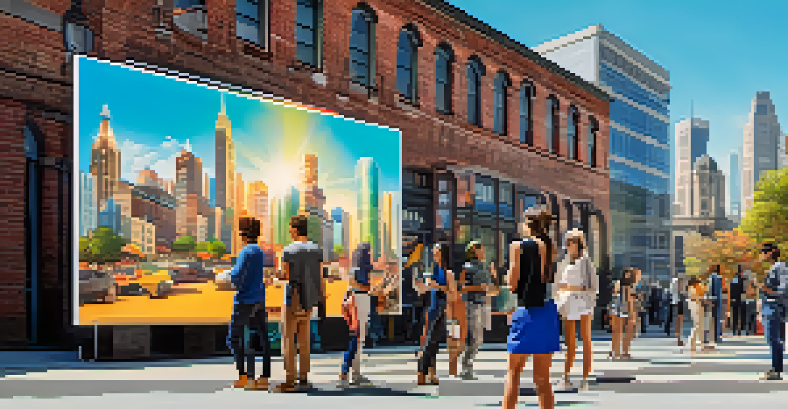 People in an urban environment interacting with augmented reality characters that are humorous and exaggerated, with a colorful cityscape in the background.