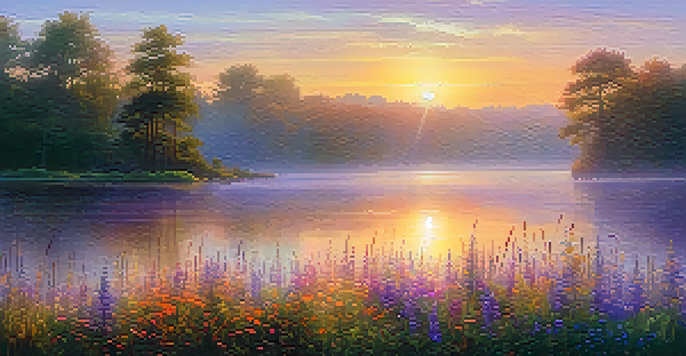 A beautiful sunrise over a calm lake surrounded by colorful wildflowers, with mist rising from the water.