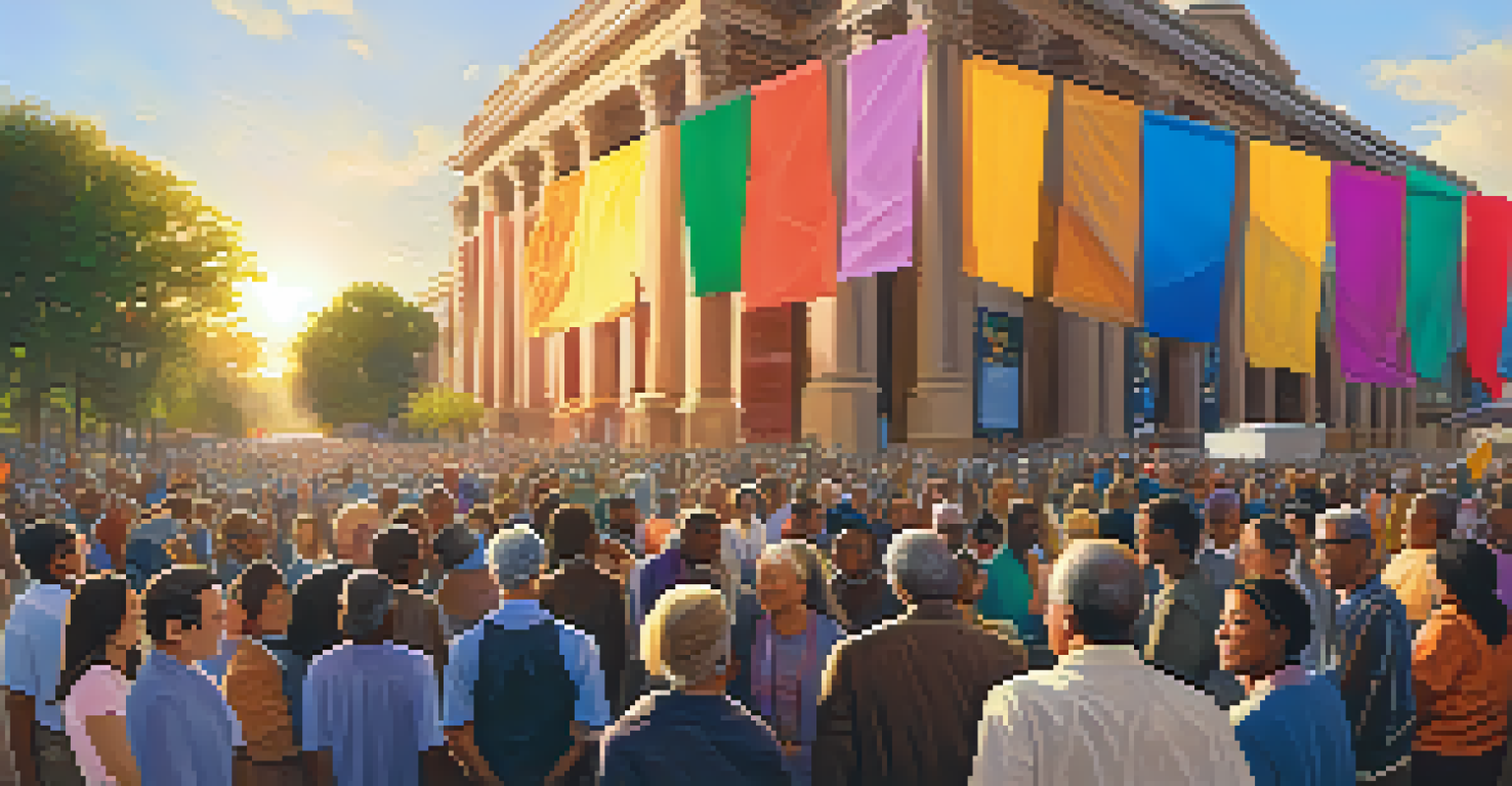 A community event with a large sculpture celebrating unity, featuring a diverse crowd and colorful decorations.