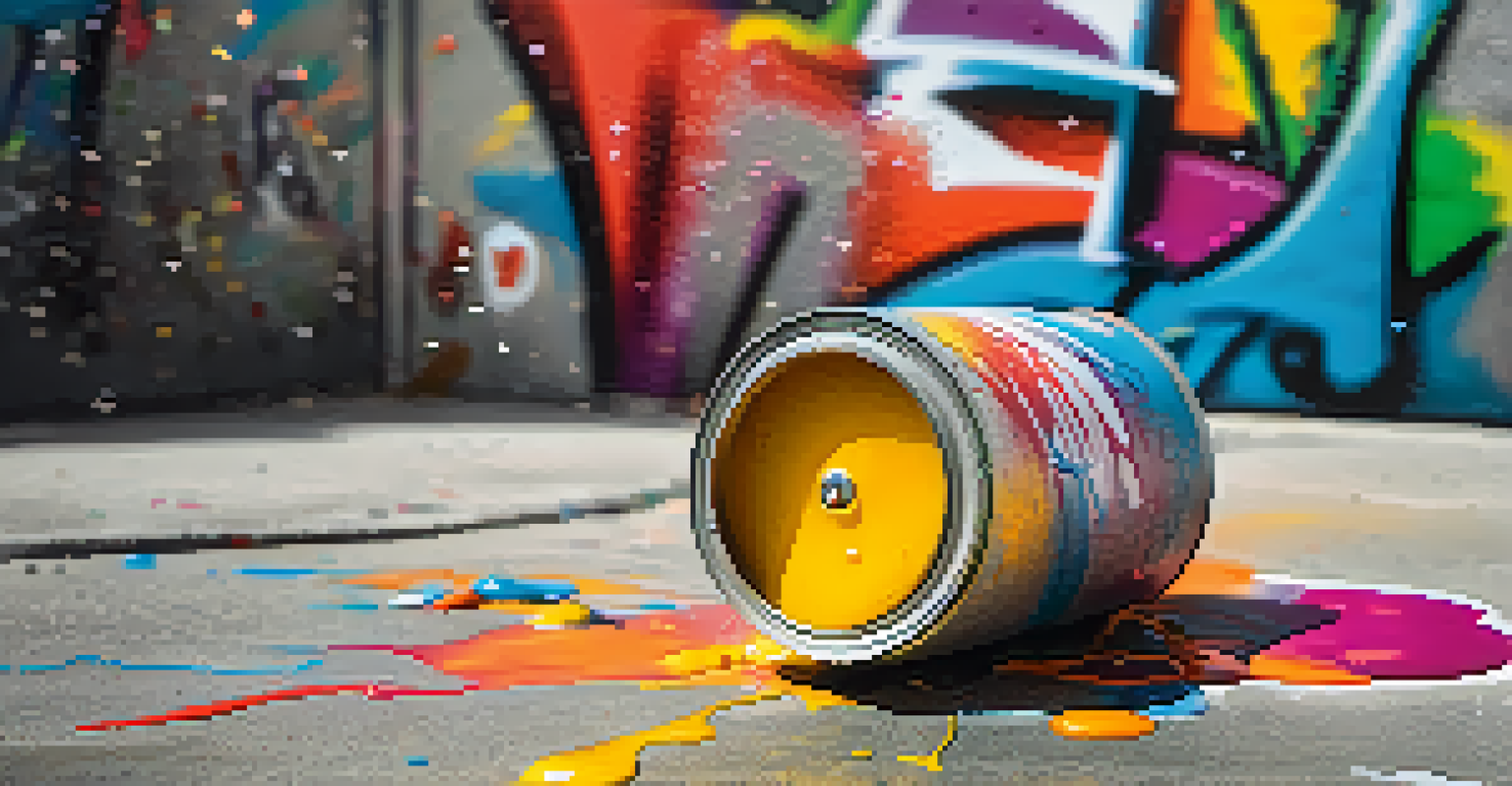A close-up of a spray can and paintbrush on a concrete surface, surrounded by colorful paint splashes and blurred graffiti in the background.