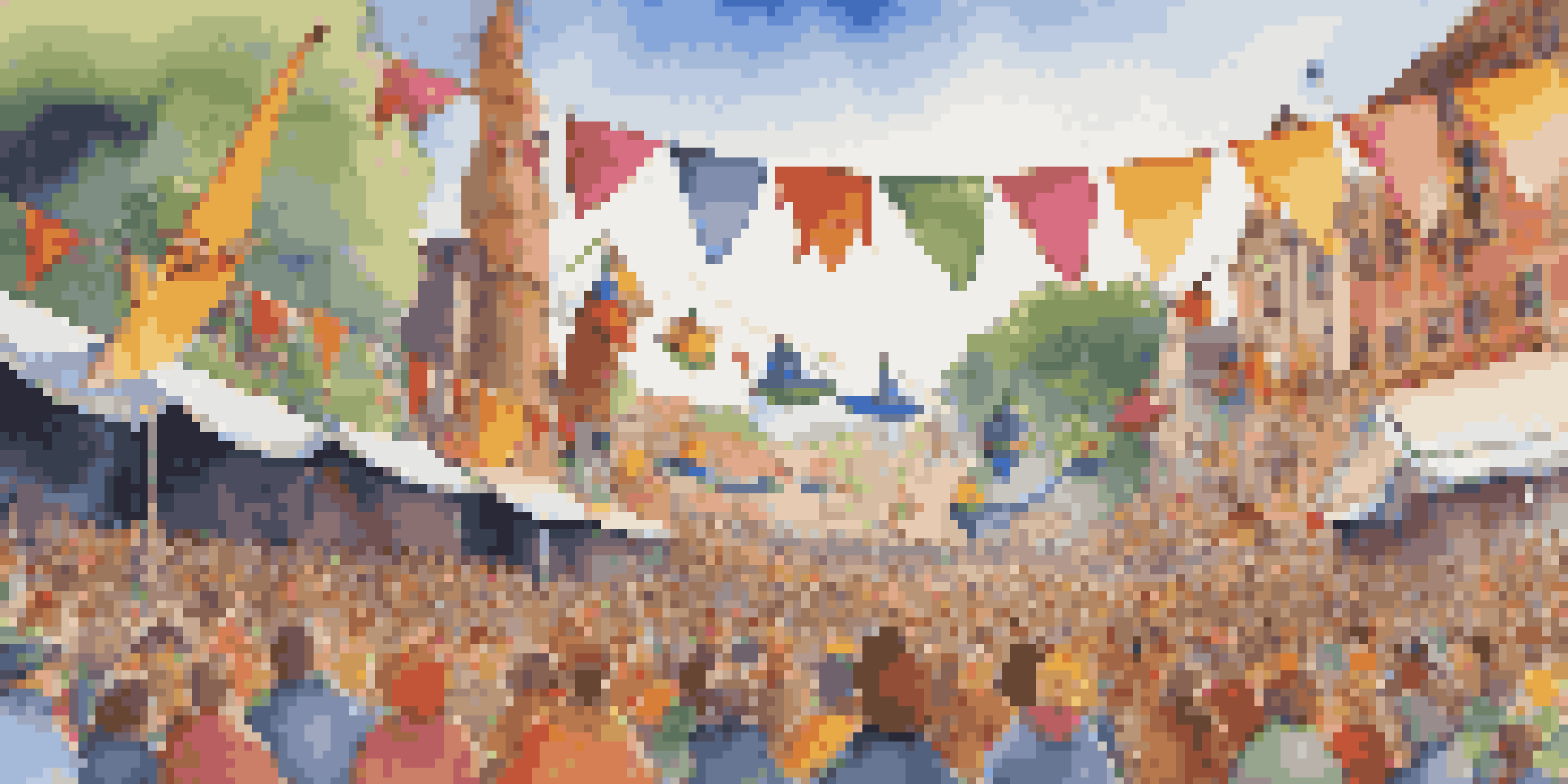 An outdoor puppetry festival with colorful puppets on stage, surrounded by a diverse audience and vibrant decorations.