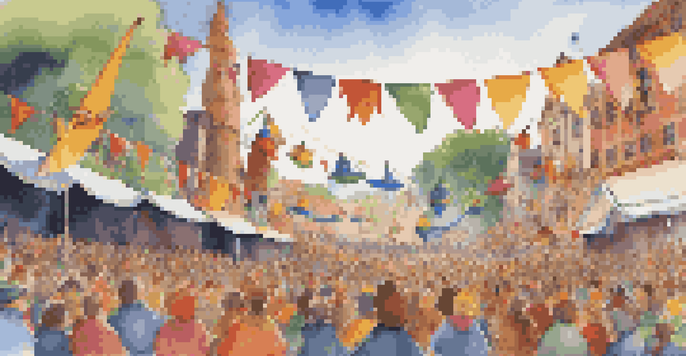 An outdoor puppetry festival with colorful puppets on stage, surrounded by a diverse audience and vibrant decorations.