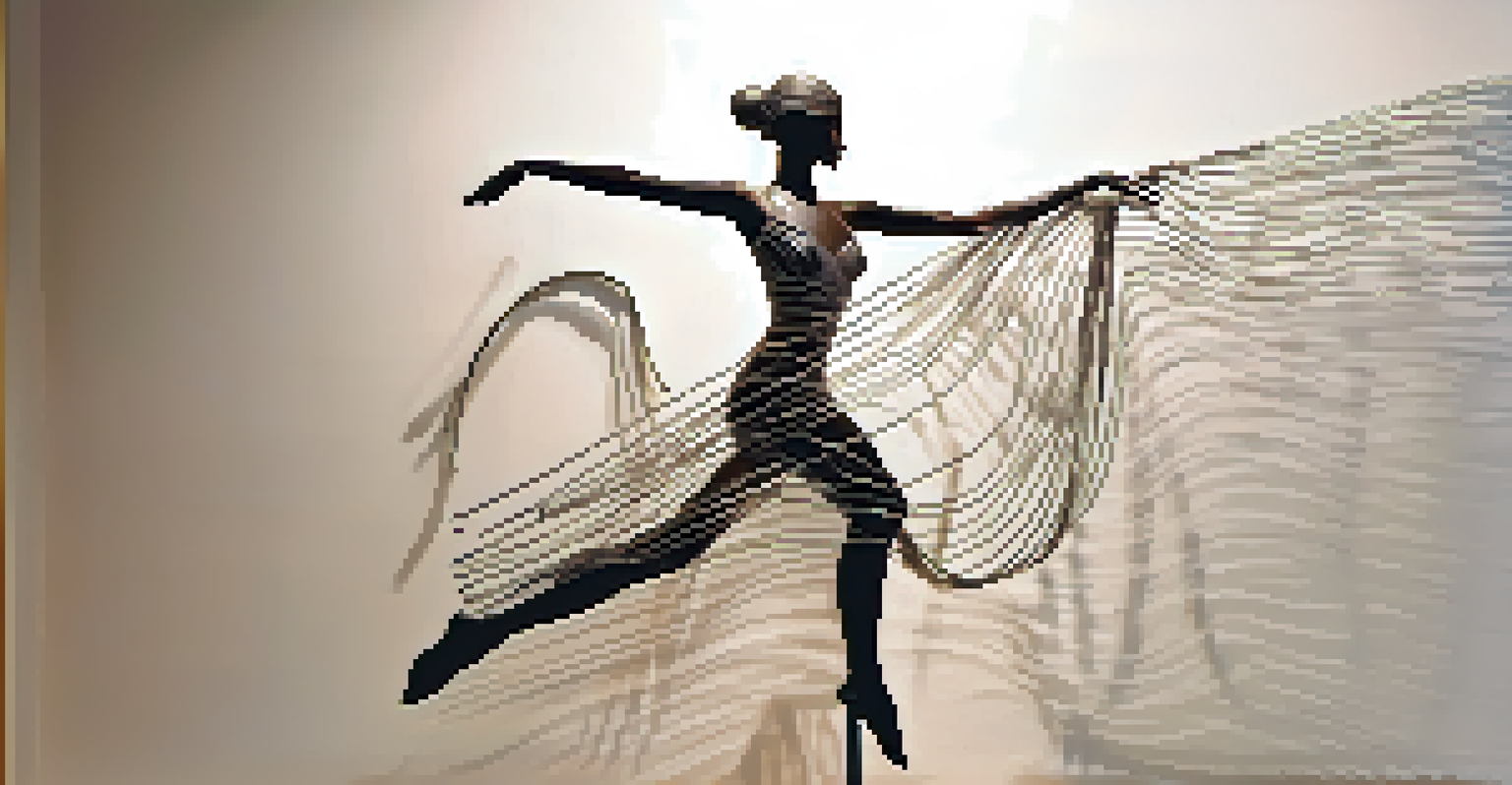 A wire sculpture of a dancer in motion, highlighted by a warm spotlight against a textured wall.
