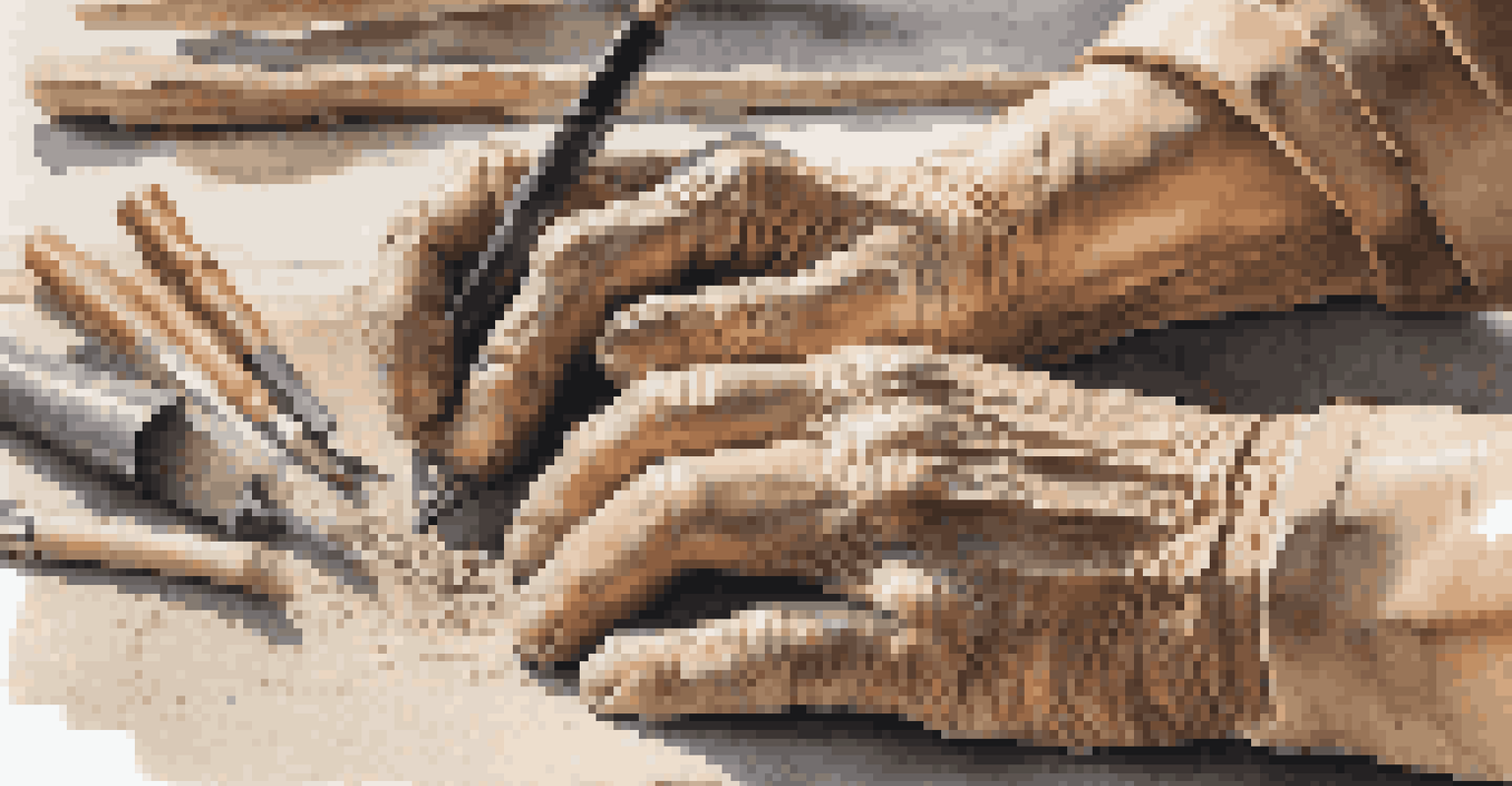 A sculptor's hands shaping clay, surrounded by tools and sketches in a sunlit workspace.