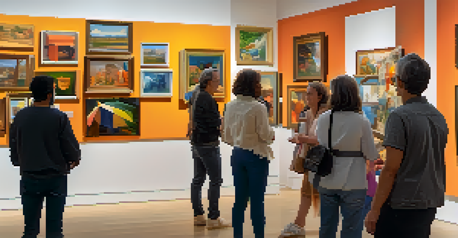 An art exhibition in a gallery with visitors admiring artworks and engaging in conversations, showcasing a sense of community.
