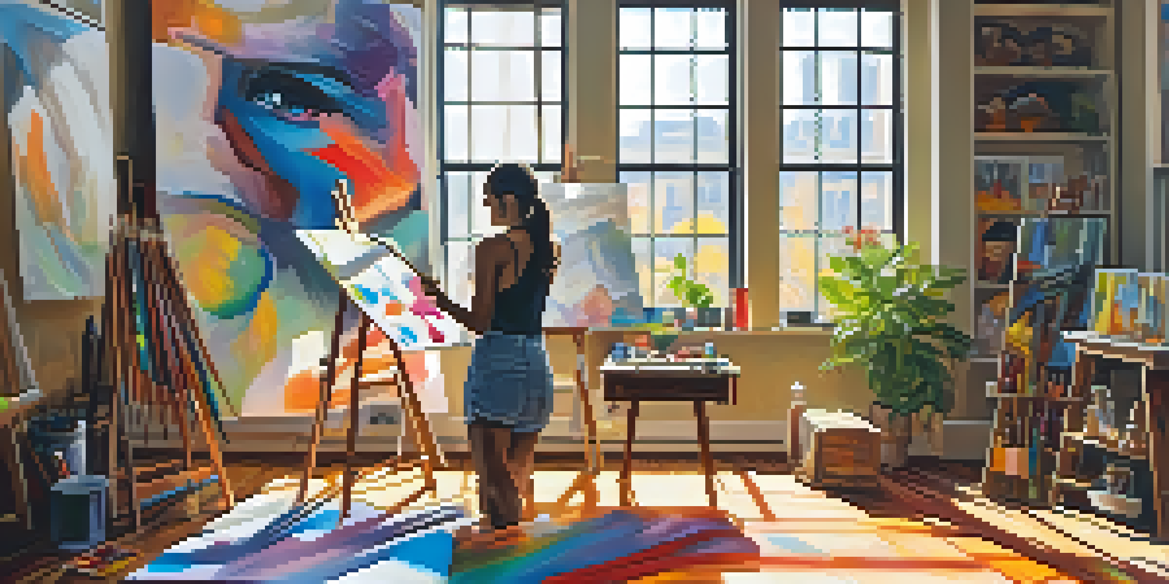 A female artist painting in a bright studio, surrounded by colorful art supplies and vibrant canvases, with sunlight streaming through windows.