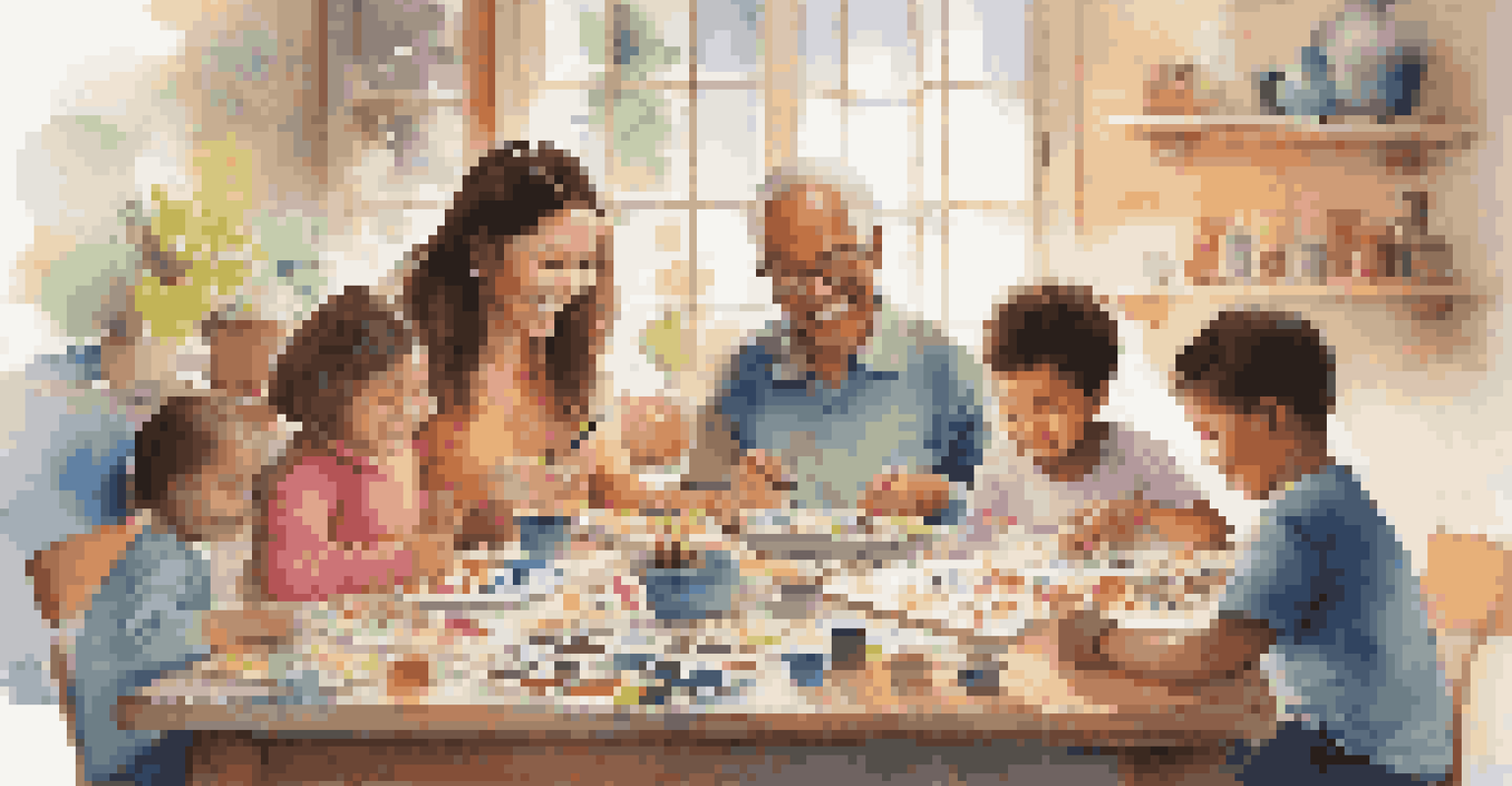 A family engaged in various artistic activities at a table filled with colorful art materials, smiling and sharing ideas.