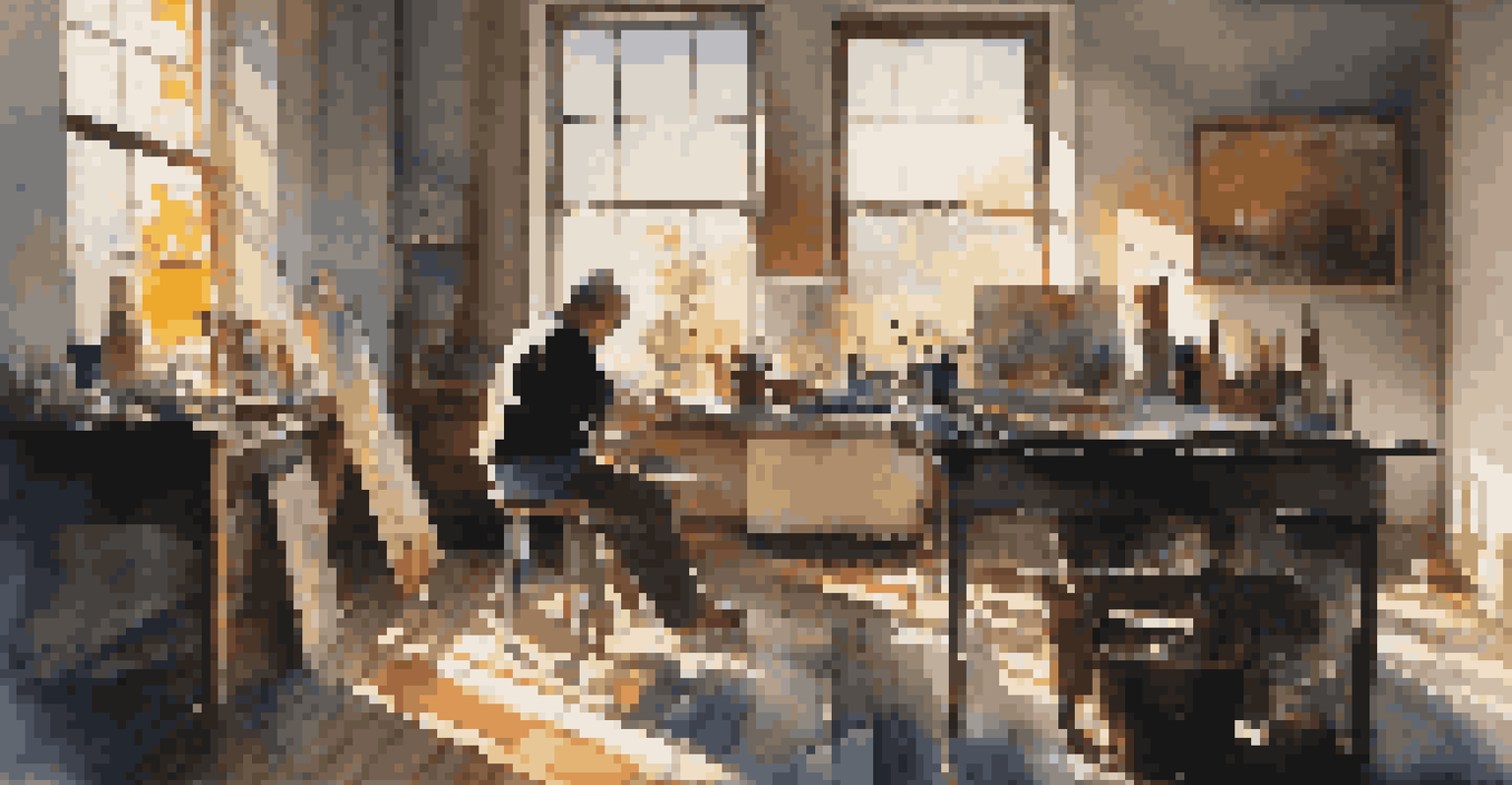 An artist in a bright studio creating a painting with contrasting dark and vibrant colors.