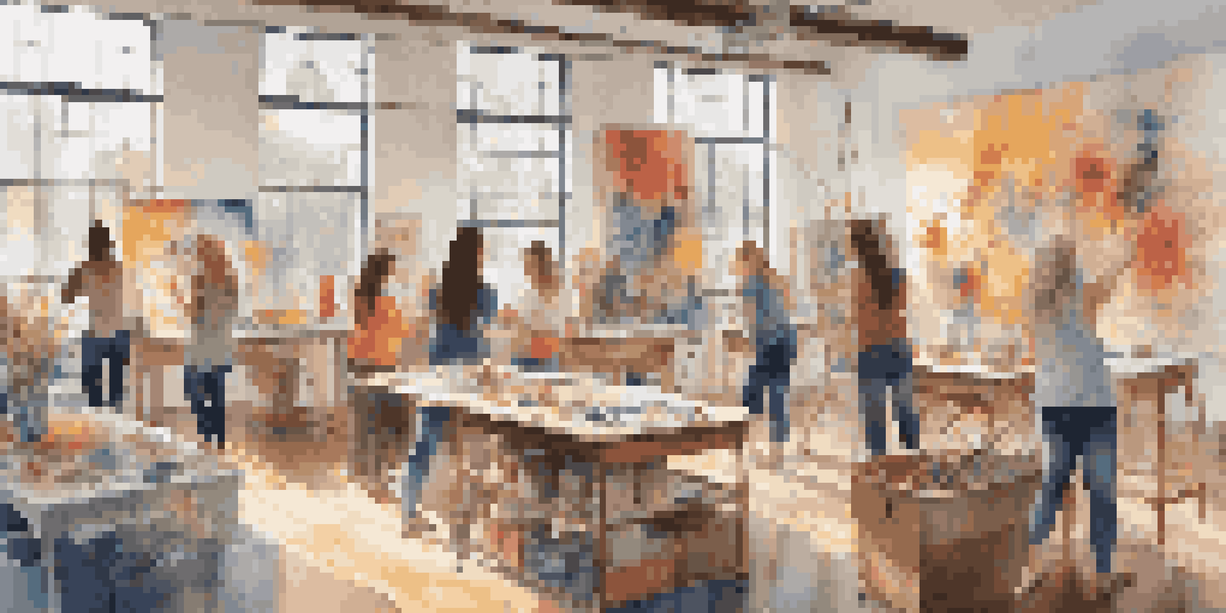 A lively art studio with diverse female artists collaborating on a canvas, surrounded by colorful artwork and natural light.