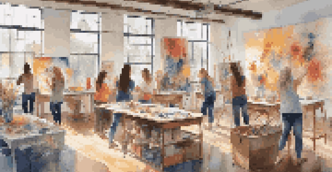 A lively art studio with diverse female artists collaborating on a canvas, surrounded by colorful artwork and natural light.