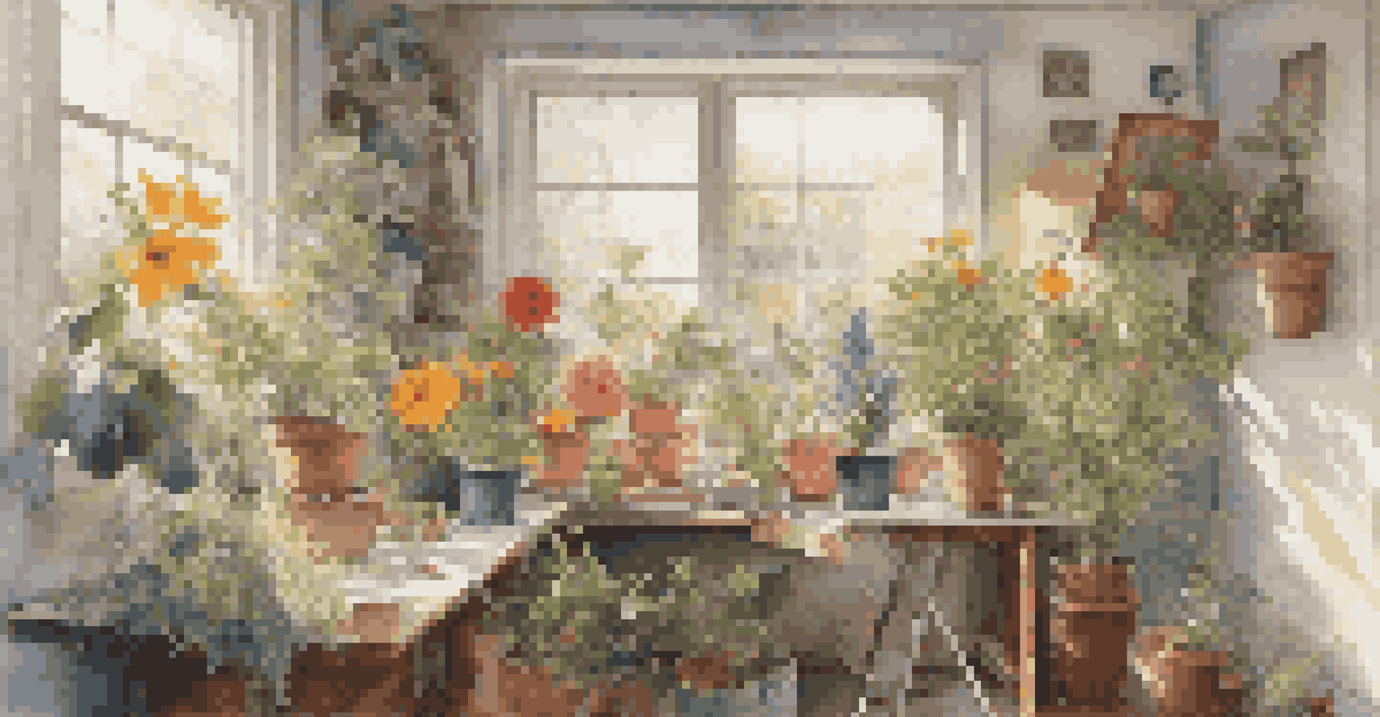 An artist's studio with a large canvas of a colorful flower, surrounded by sketches and plants, illuminated by natural light.