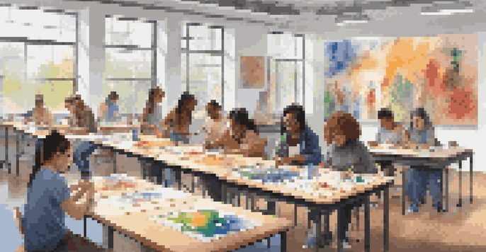 A diverse group of students in an art classroom working together on various art projects, showcasing inclusivity and creativity.