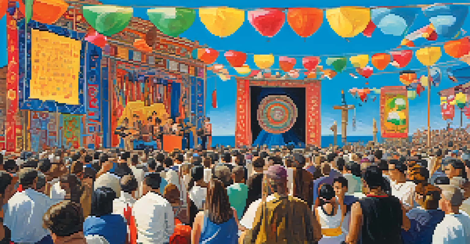 A vibrant festival scene with diverse artists performing on stage and an engaged audience, decorated with colorful cultural banners under a blue sky.