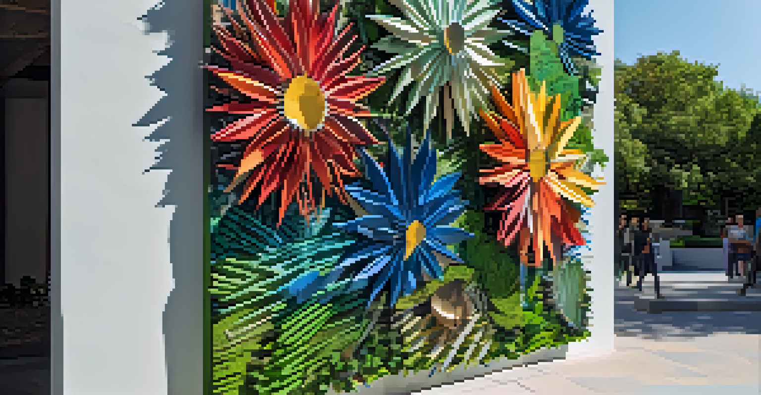 A detailed close-up of an eco-friendly public art installation made from recycled materials, surrounded by greenery and sunlight.
