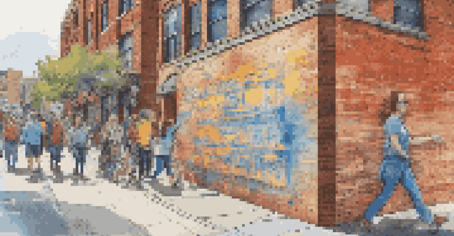 A striking street art installation on a brick wall addressing accessibility issues, with bold colors and graphics, and pedestrians engaging with the artwork.