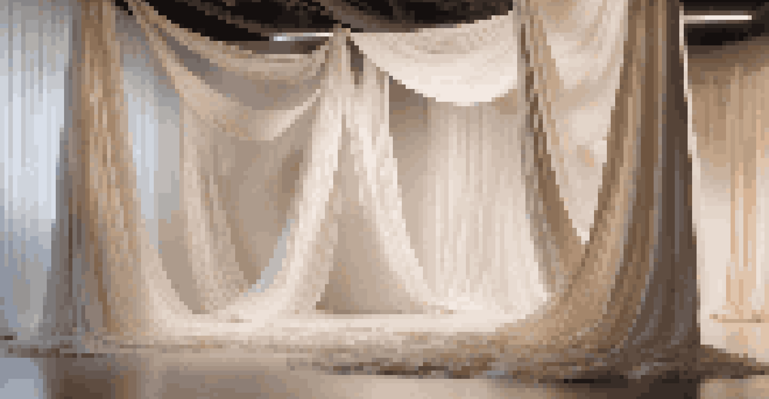 A tranquil art installation with flowing fabric in a softly lit room, creating an ethereal atmosphere.