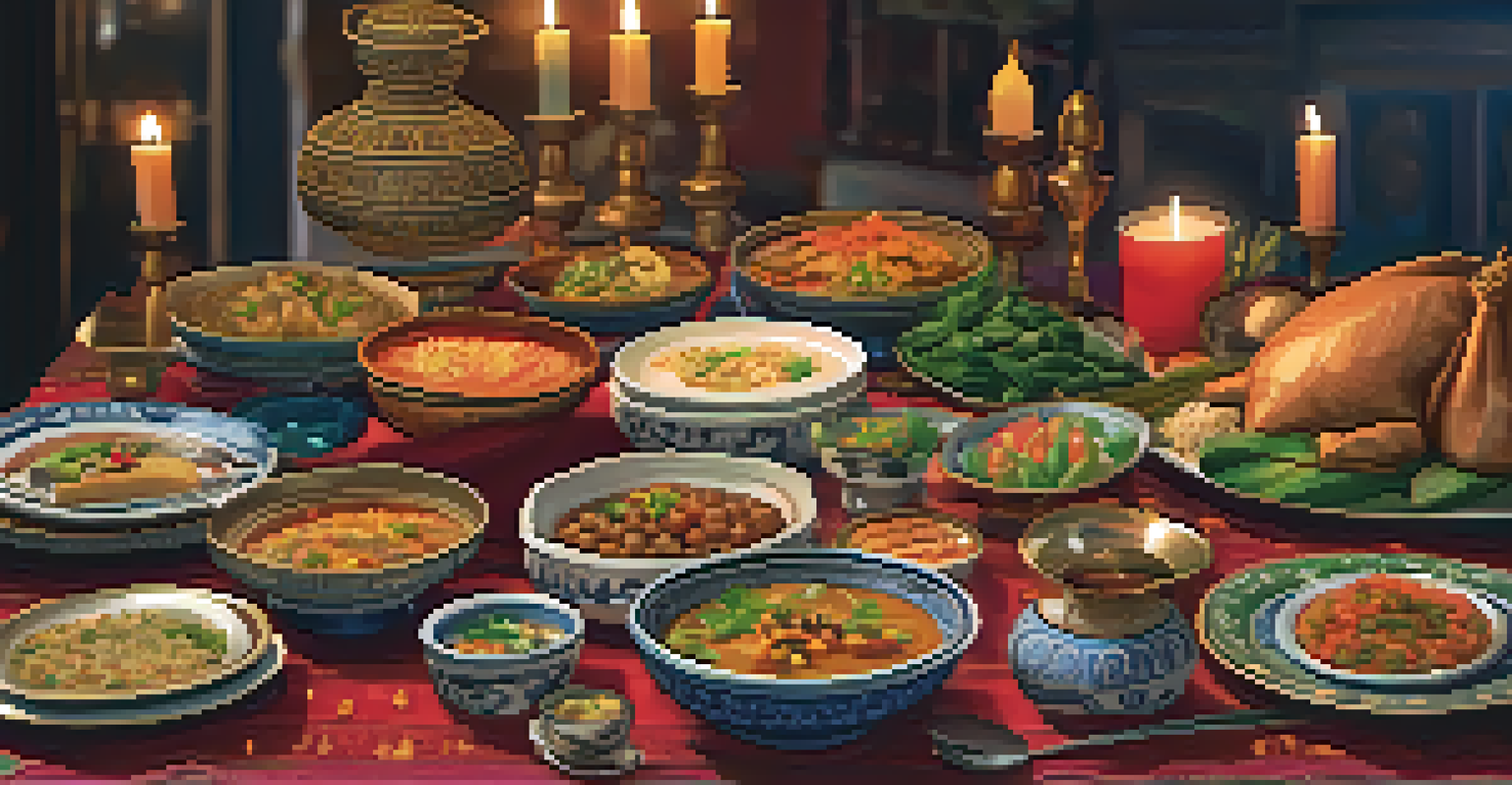 A beautifully set dining table with traditional dishes from various cultures, decorated with colorful tableware and soft lighting.