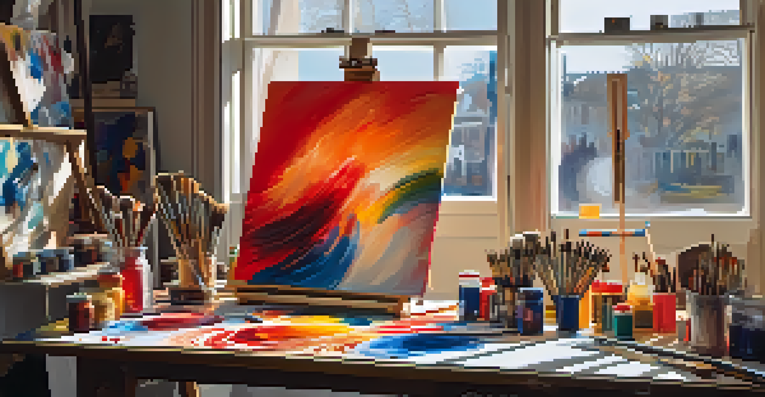 An artist's workspace with an abstract painting in progress, colorful paints, and brushes under warm natural light.