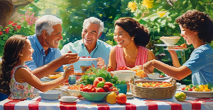 A family gathering in a garden with a picnic table full of food, surrounded by greenery and flowers, with family members enjoying their time together.