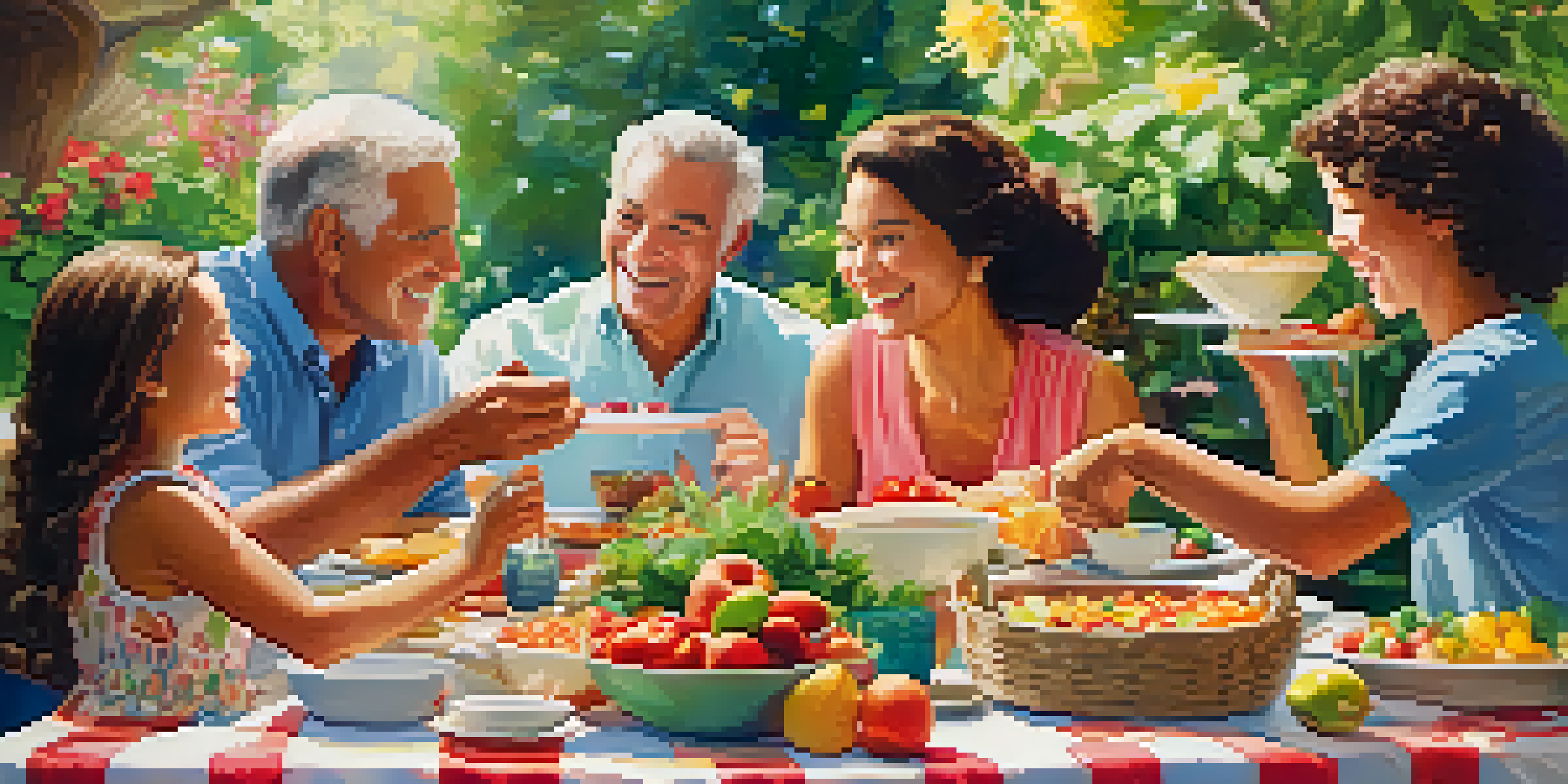 A family gathering in a garden with a picnic table full of food, surrounded by greenery and flowers, with family members enjoying their time together.