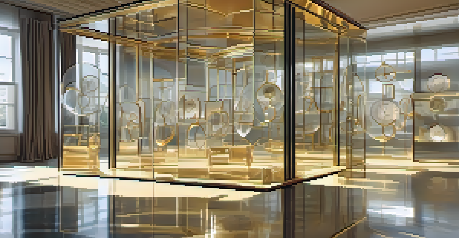 An abstract room with floating clocks and a reflective water floor, illuminated by soft light.