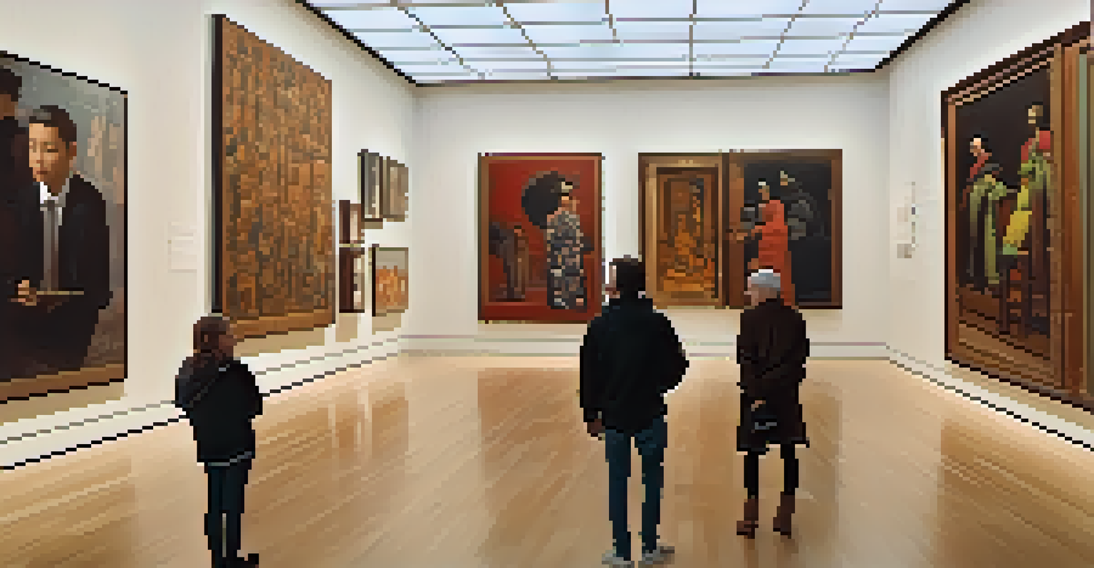 An art exhibition with diverse cultural artworks on display, with visitors engaging and discussing the pieces.