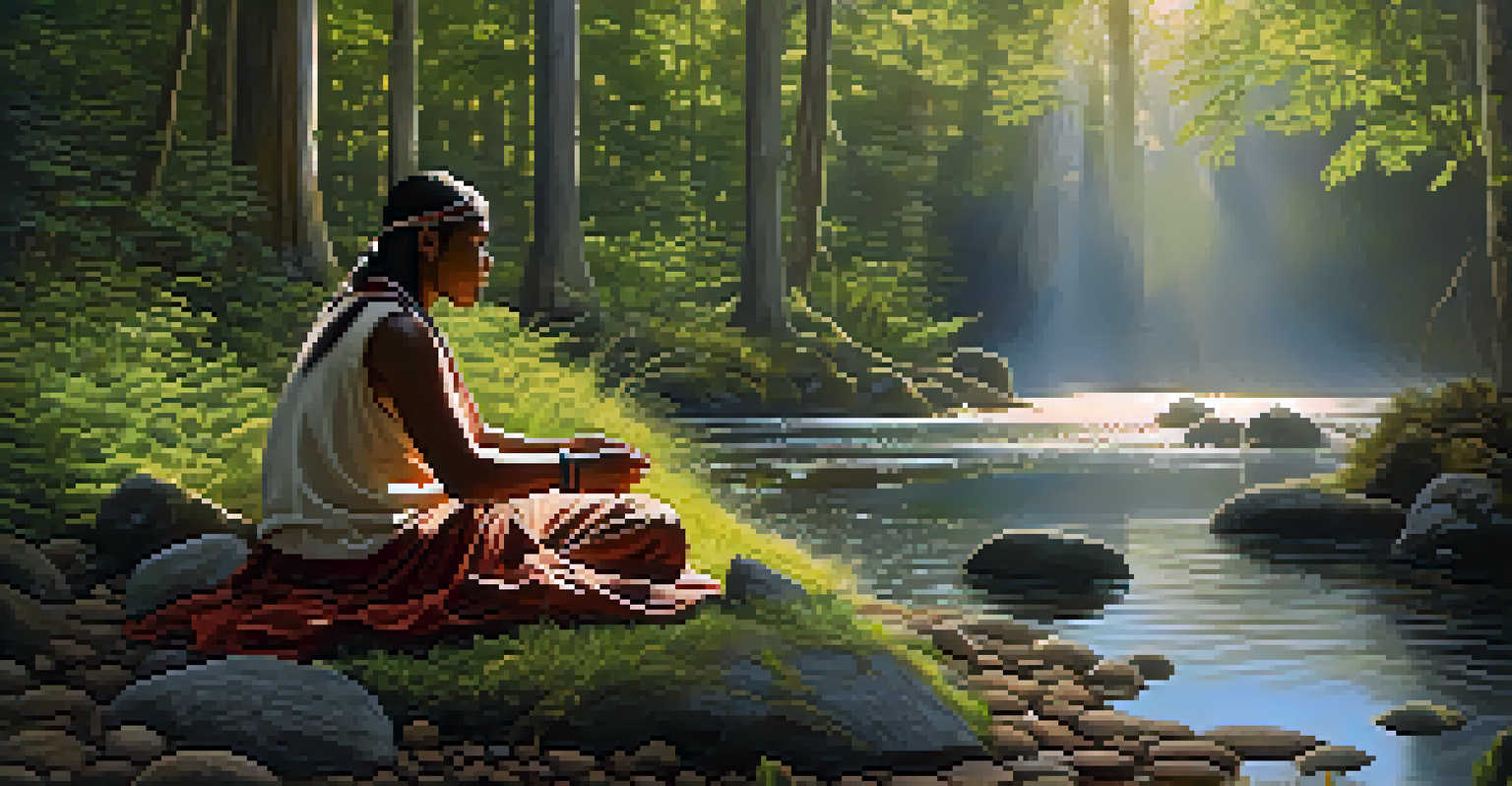 An individual on a vision quest in nature, crafting a ceremonial object, surrounded by trees and sunlight in a peaceful setting.