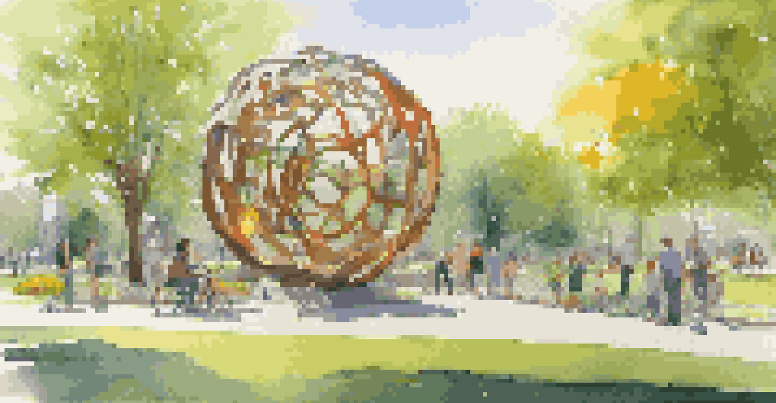 A large interactive sculpture made of recycled materials in a city park, with people exploring it against a backdrop of greenery and flowers.