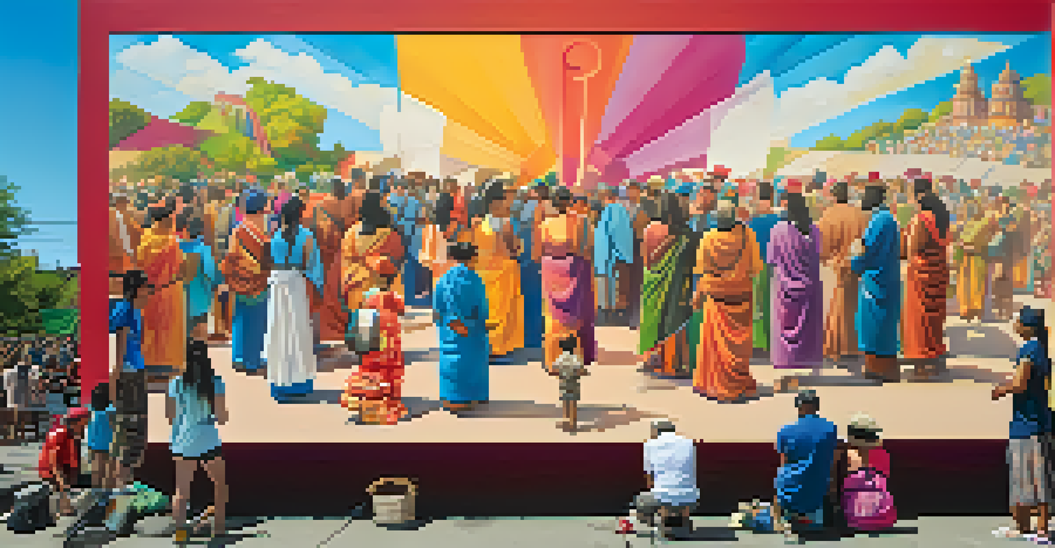 A group of artists collaboratively painting a large mural at an art festival, with spectators admiring the vibrant artwork in soft afternoon light.
