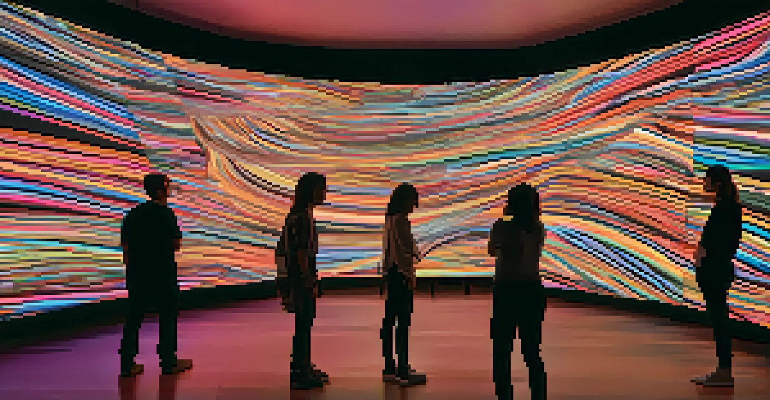 An interactive light installation in a dark room, with swirling patterns and colors projected onto the walls, and visitors interacting with it.