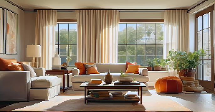 A warm and inviting living room with orange cushions on a beige sofa, illuminated by soft golden light through sheer curtains.