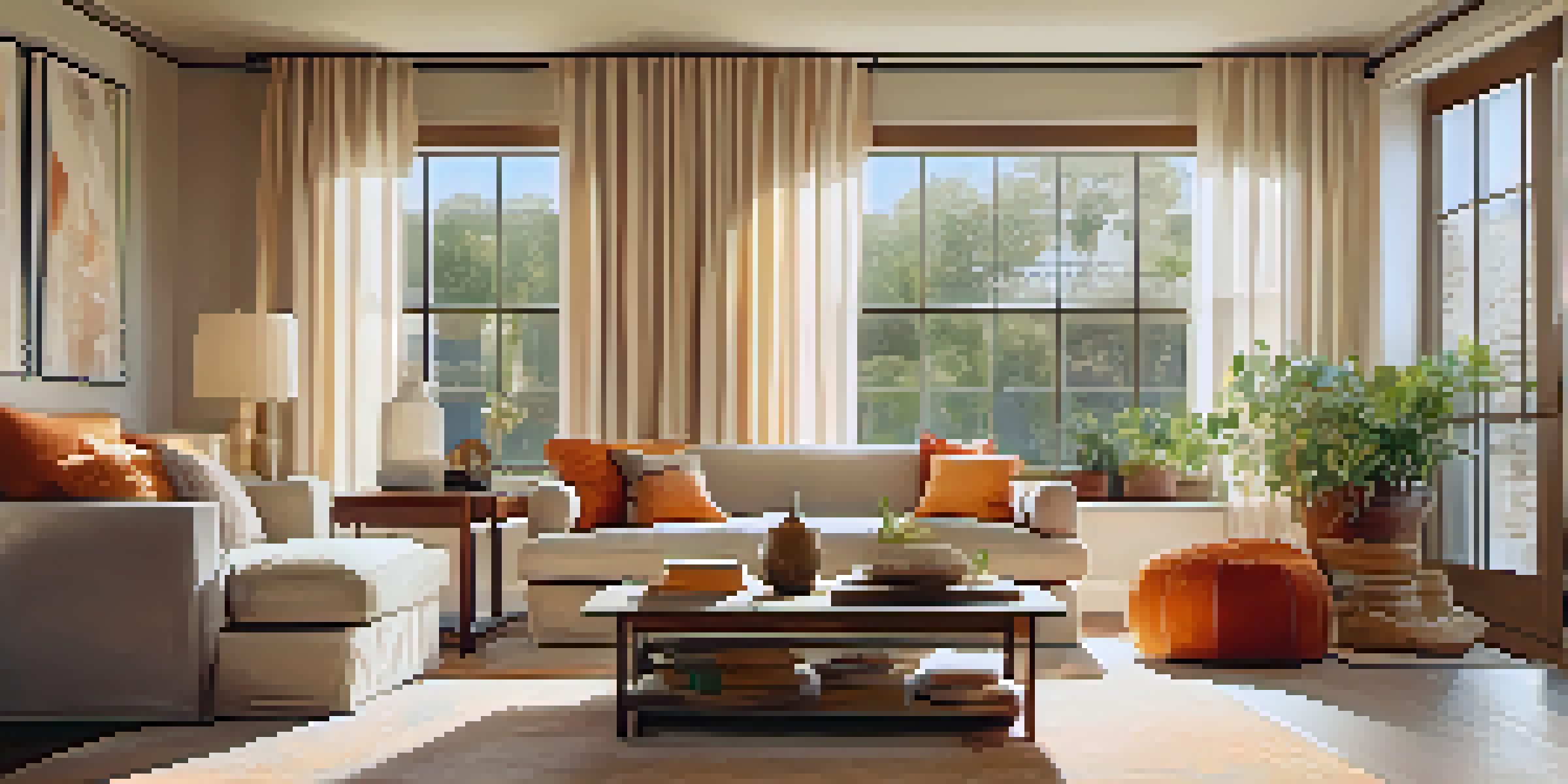 A warm and inviting living room with orange cushions on a beige sofa, illuminated by soft golden light through sheer curtains.