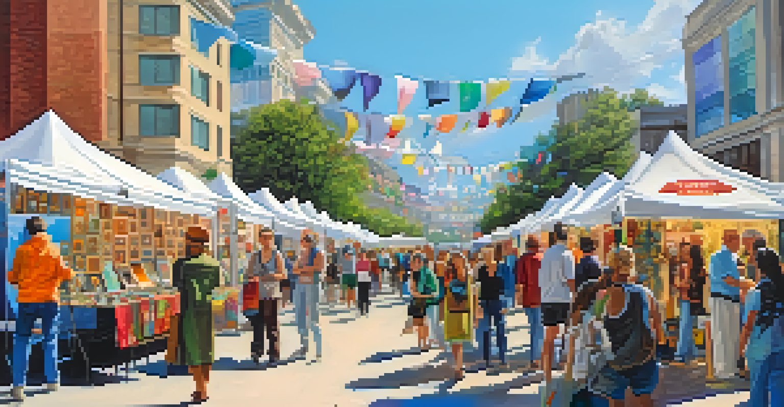 A lively outdoor art fair with artists, colorful artworks, and visitors enjoying the atmosphere.