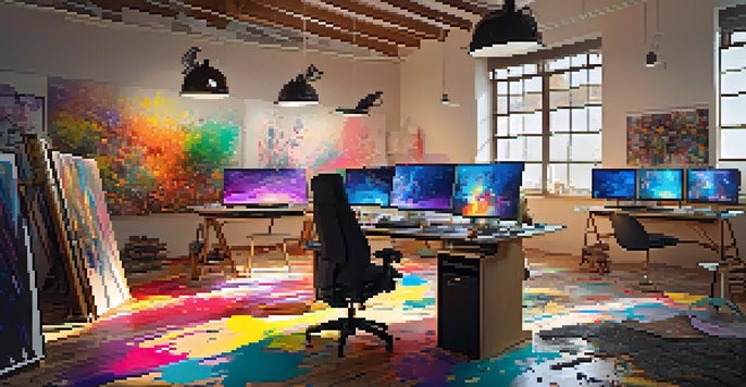 A colorful digital art studio with canvases, computer screens, and art supplies scattered around, illuminated by warm lighting.