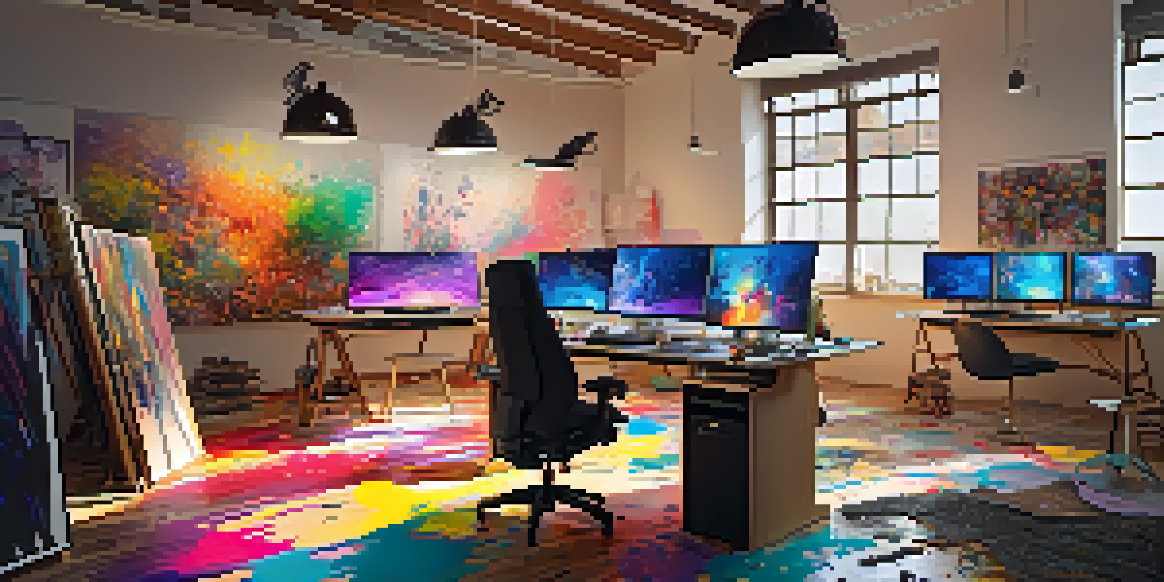 A colorful digital art studio with canvases, computer screens, and art supplies scattered around, illuminated by warm lighting.
