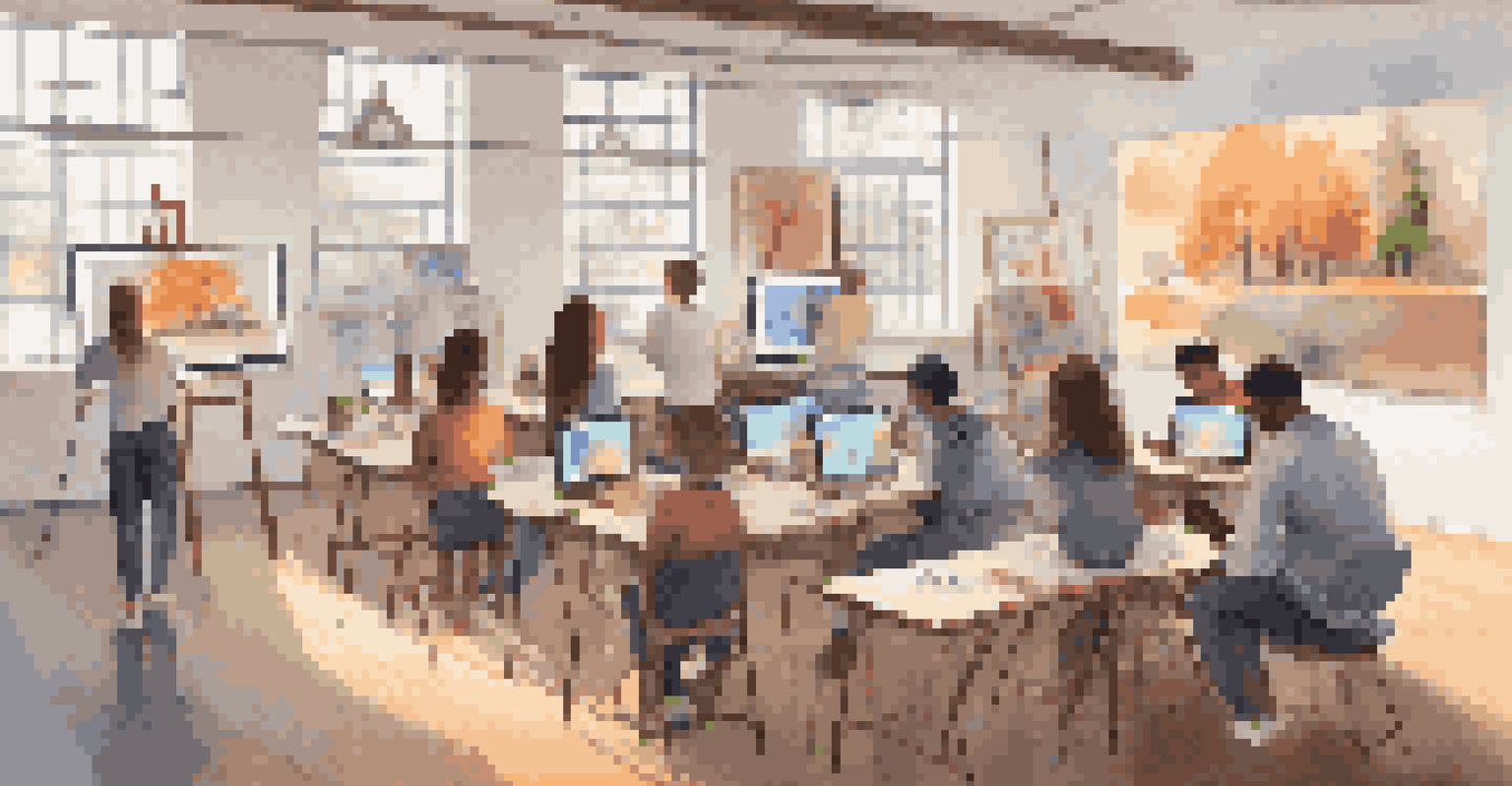 Students participating in an online art class in a cozy room, engaged with their devices and surrounded by student artworks.
