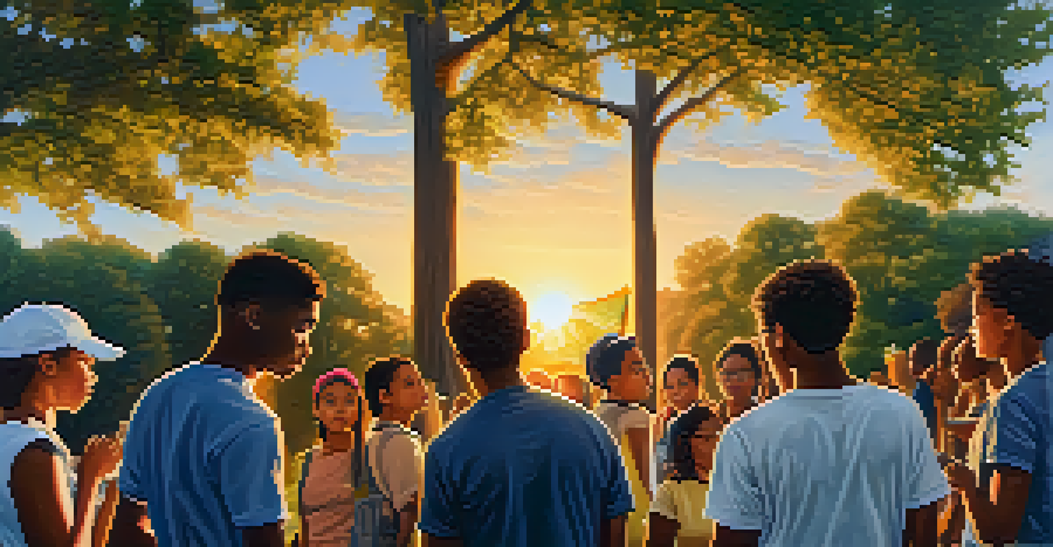 Young activists creating an outdoor art installation with banners and murals, illuminated by a golden sunset, showcasing their commitment to social change.