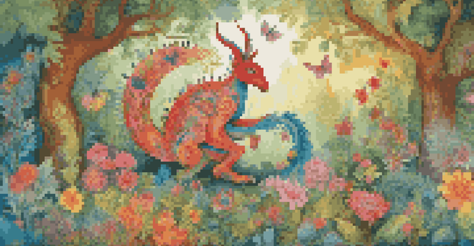 A colorful folk art scene featuring a mythical creature among floral patterns in a forest, illuminated by soft sunlight.