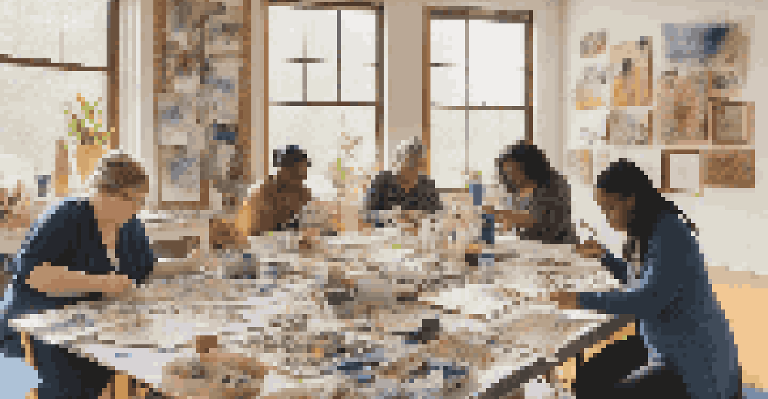 A group of people participating in an art therapy session, surrounded by collage materials and artwork.