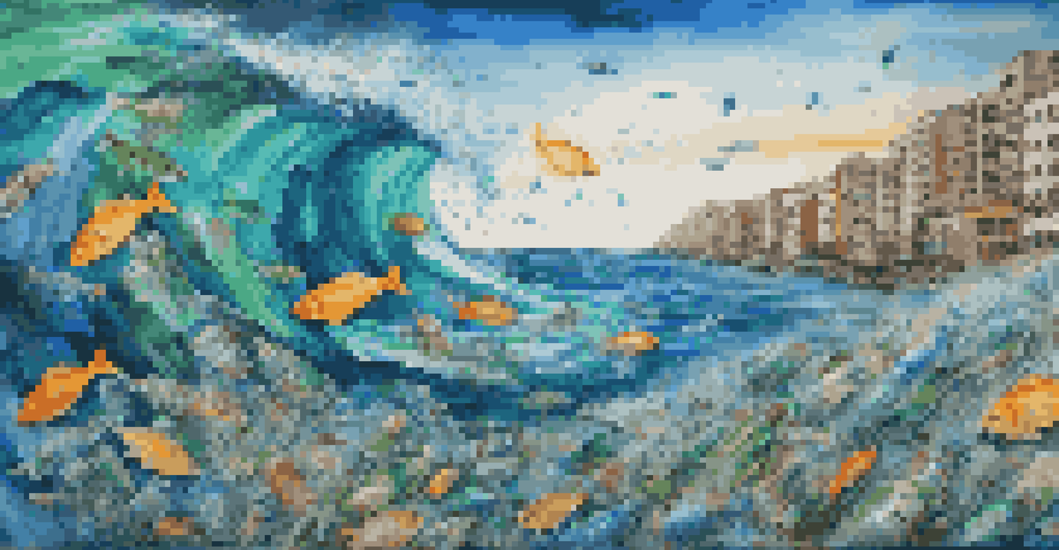 A vibrant street mural showing a wave of plastic pollution with fish swimming through it, highlighting the impact of plastic on marine life.