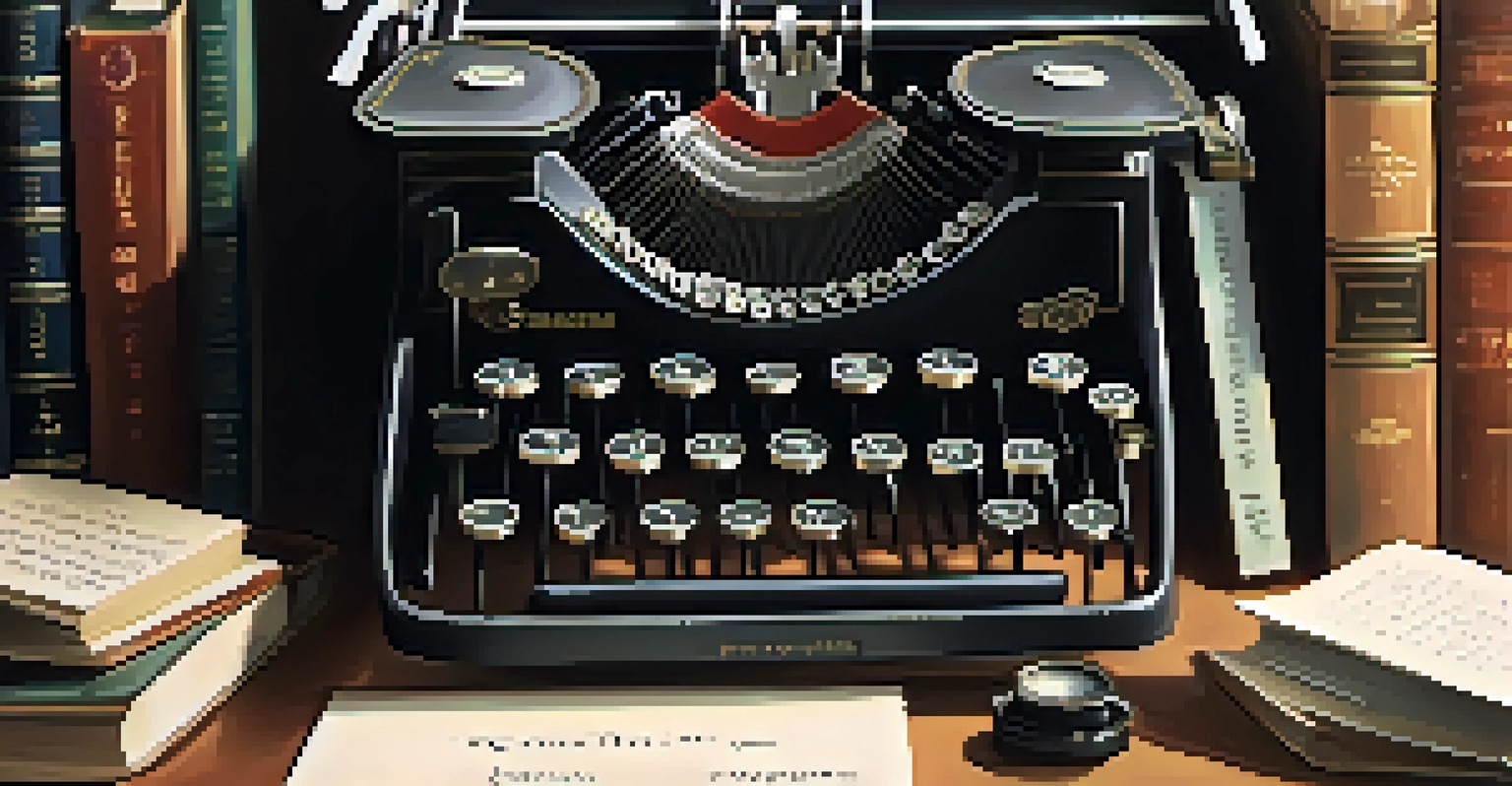 A close-up of a vintage typewriter with keys shining in soft light, surrounded by blurred books and handwritten notes.