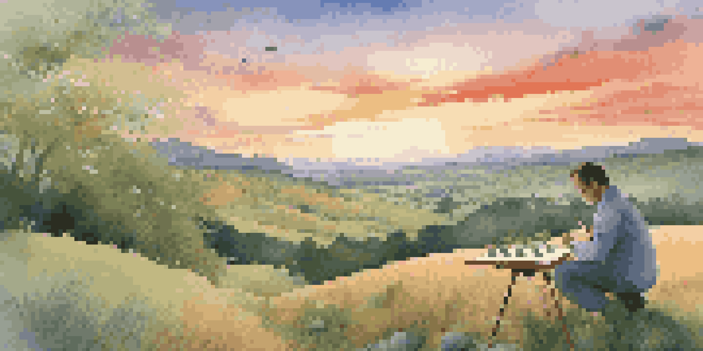 A peaceful scene where an artist paints a landscape at sunset while a scientist examines plants, illustrating the connection between art and science.