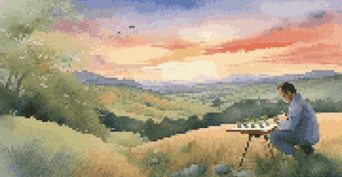 A peaceful scene where an artist paints a landscape at sunset while a scientist examines plants, illustrating the connection between art and science.