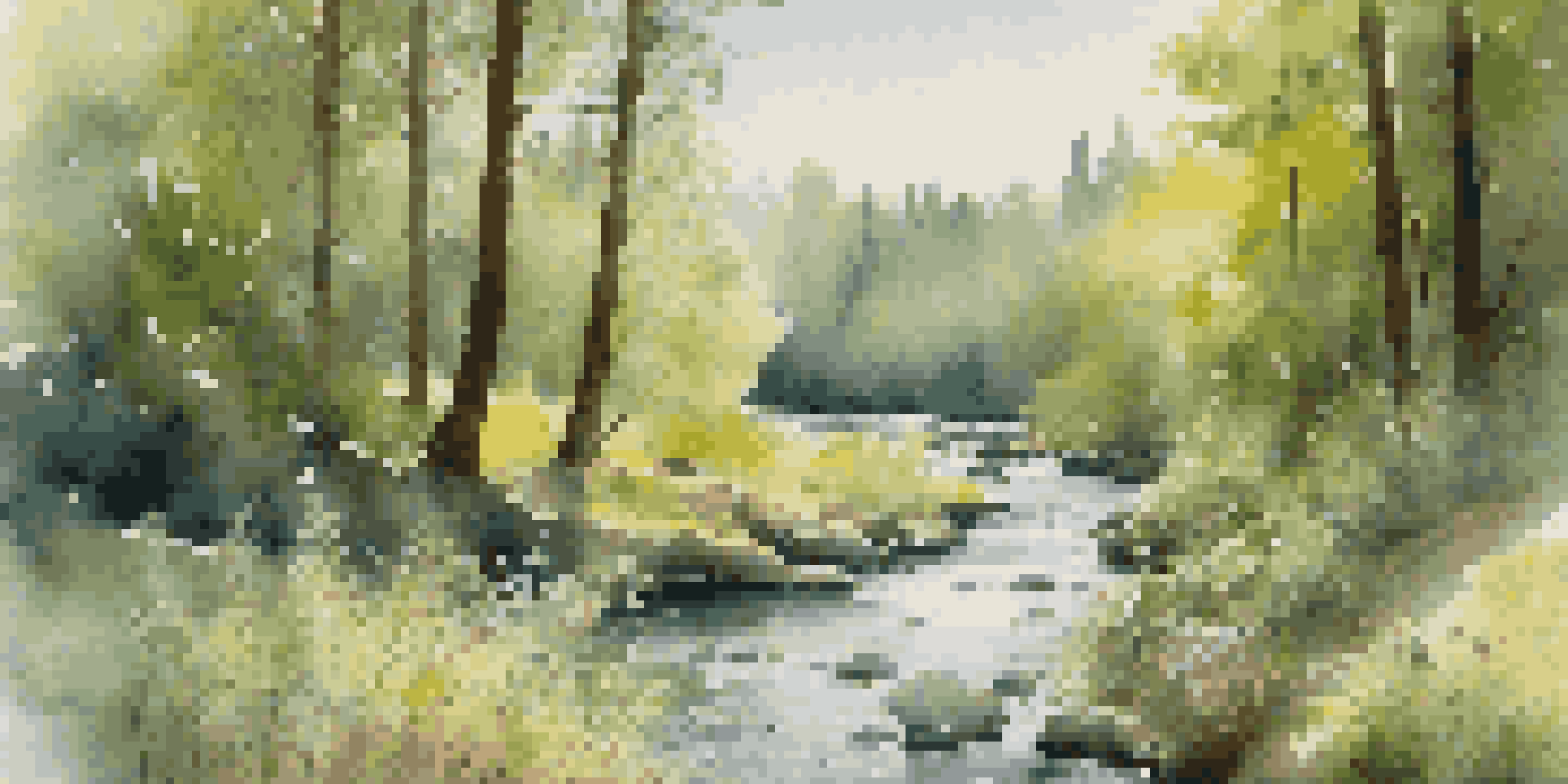 A peaceful forest scene with green trees, sunlight, a flowing river, and blooming wildflowers, alongside a distant hint of smoke from wildfires.
