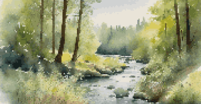A peaceful forest scene with green trees, sunlight, a flowing river, and blooming wildflowers, alongside a distant hint of smoke from wildfires.
