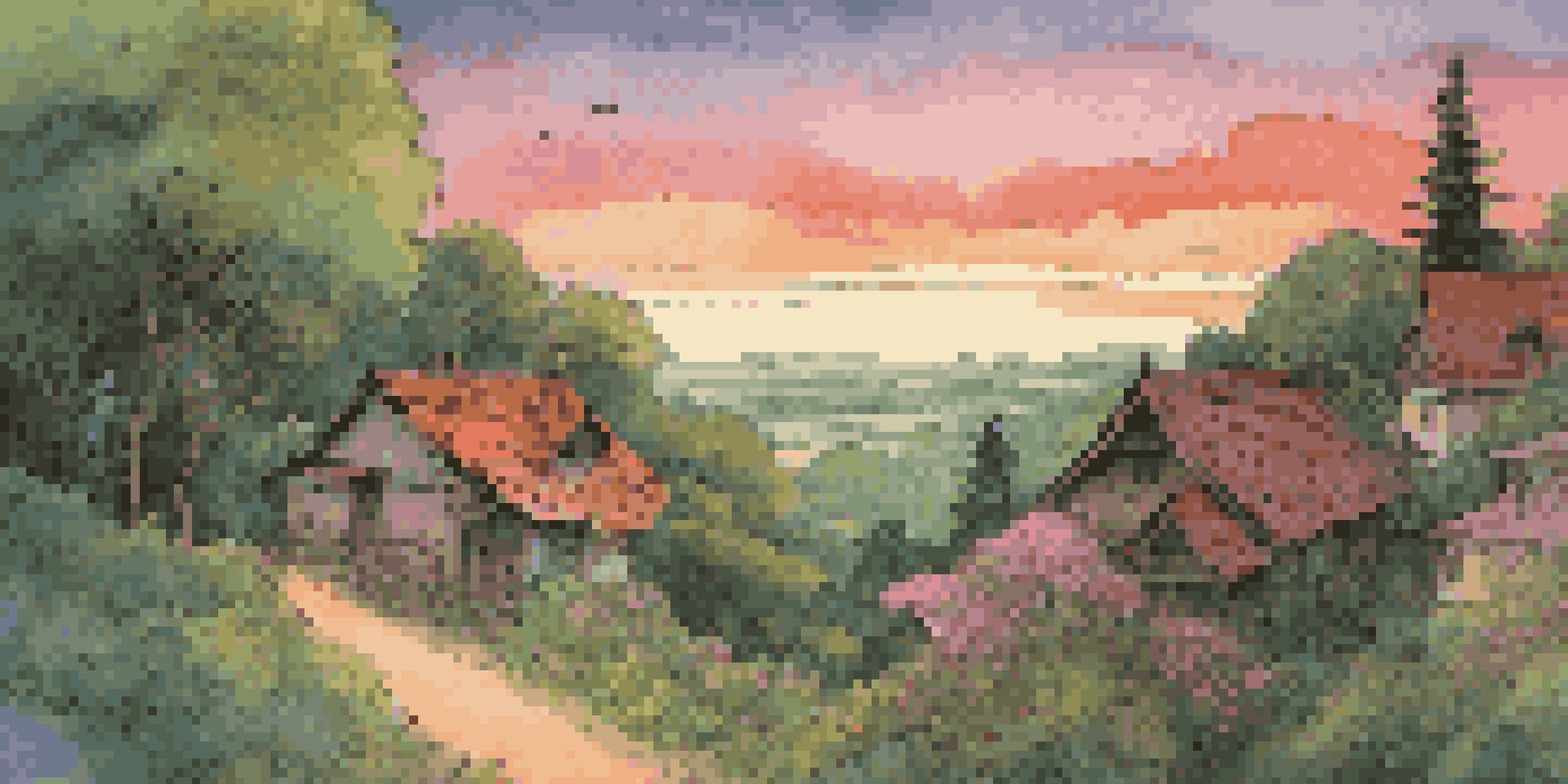 A character in a lush forest looking back at a sunset-lit village, evoking nostalgia.