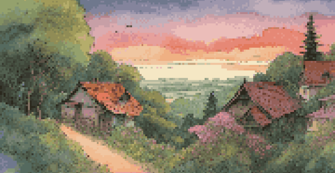 A character in a lush forest looking back at a sunset-lit village, evoking nostalgia.