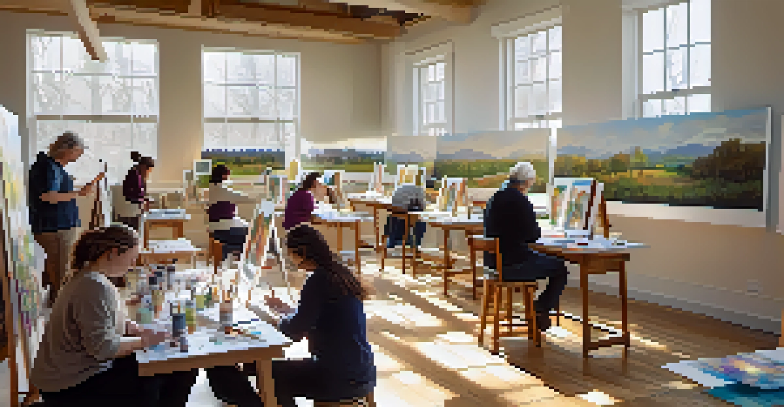 A community art workshop in a bright studio with people of different ages painting on canvases, surrounded by colorful artworks.